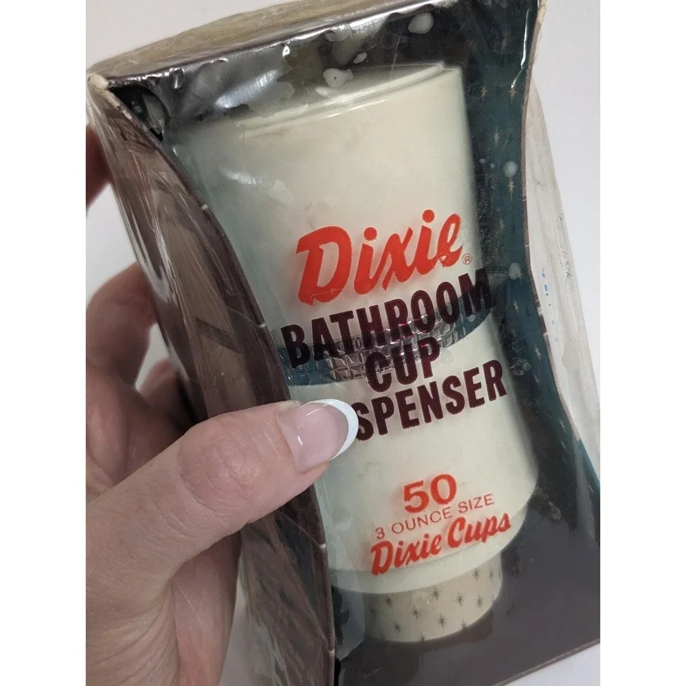 Vintage Mid Century Dixie Cup Bathroom Dispenser NIP‎ Starburst Design & 50 Cups